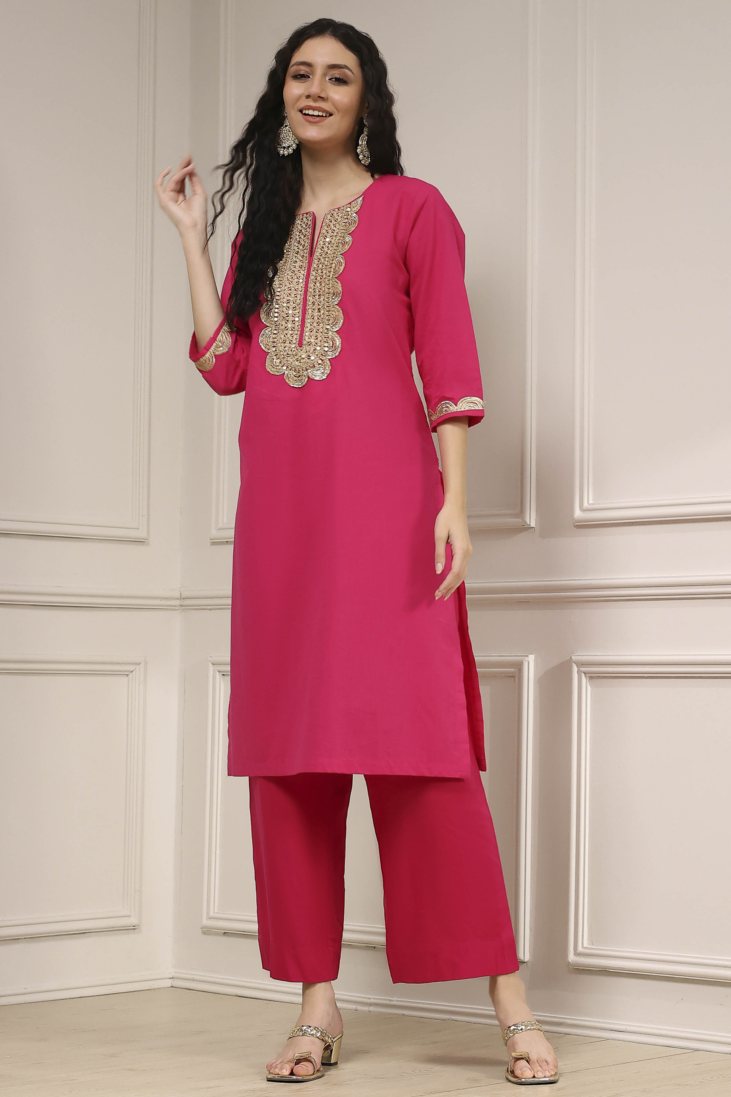 Fuchsia Cotton Solid Straight Kurta image number 6
