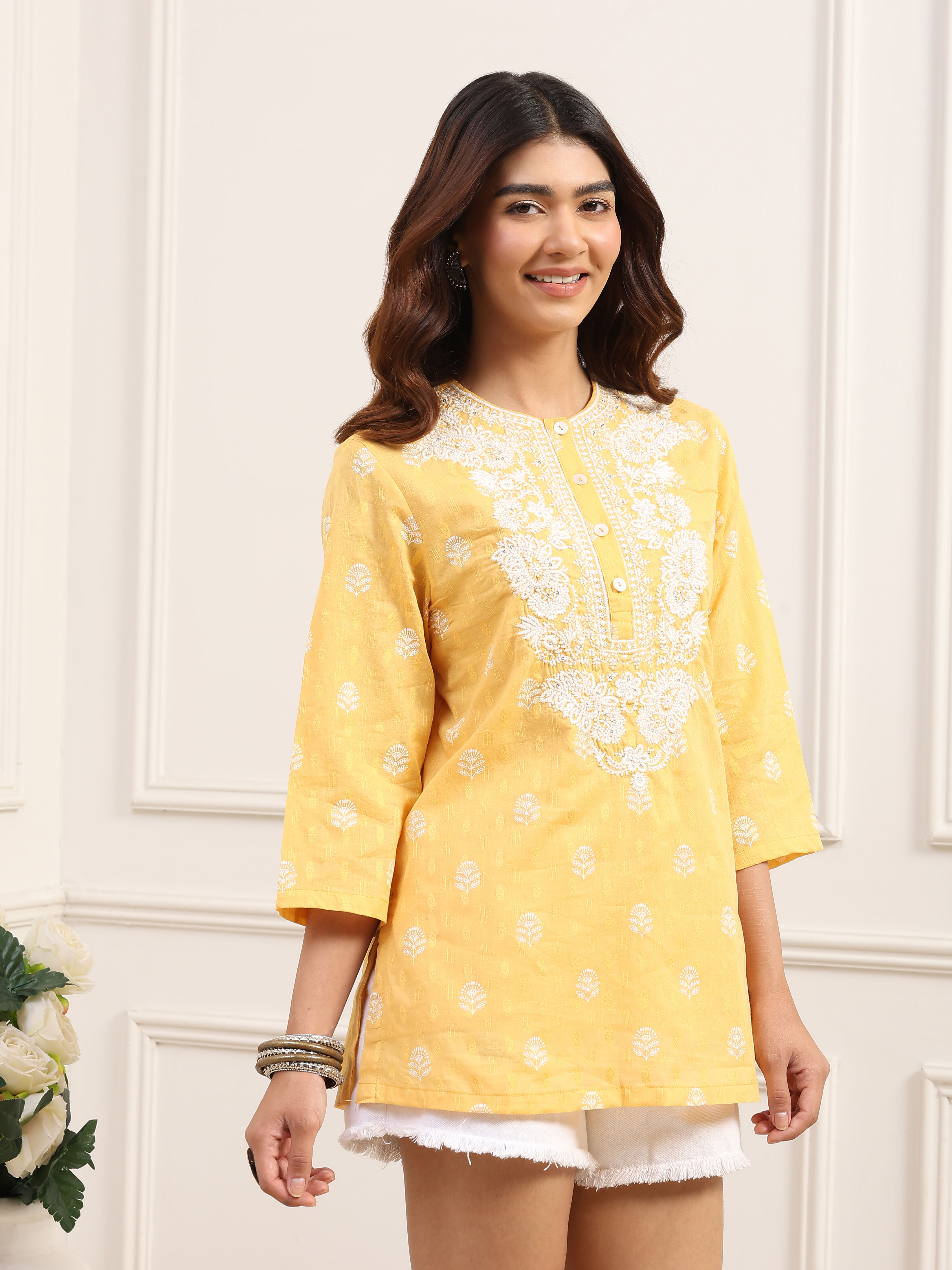Yellow Cotton  Short Kurti image number 4