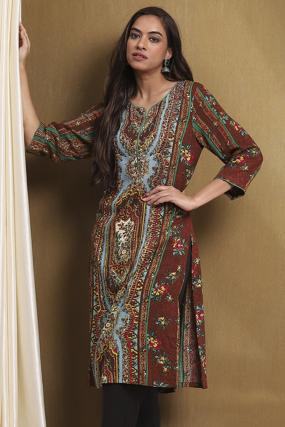 Brown Hand-Block Printed Straight Kurta image number 0