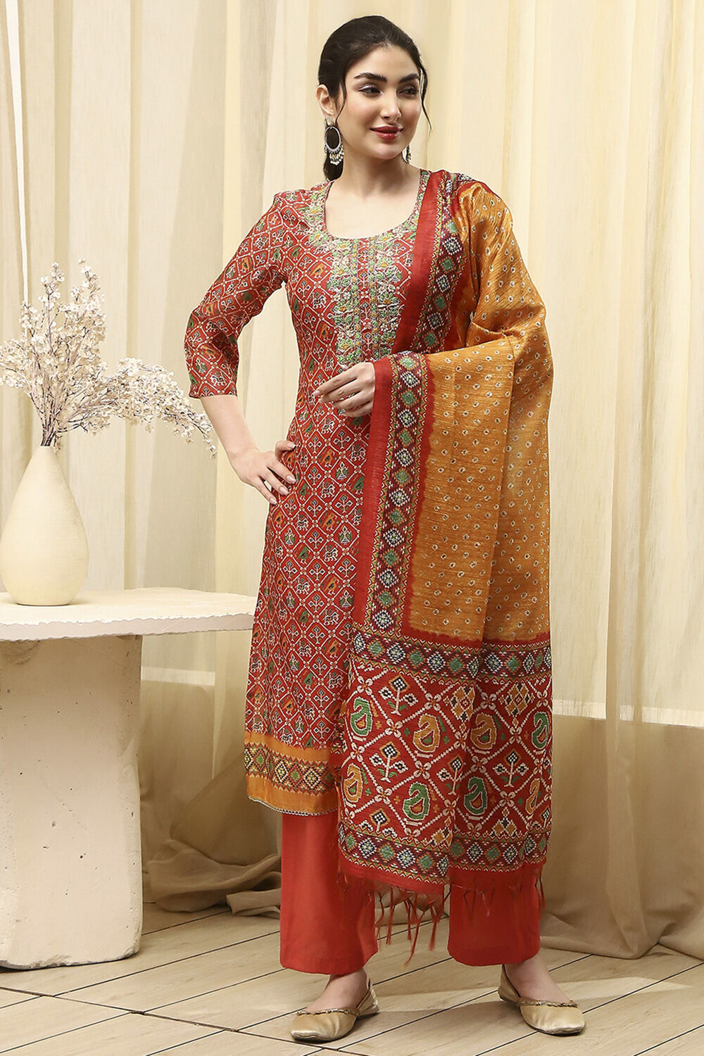 Red Chanderi Machine Embroidered Unstitched Suit Set image number 7