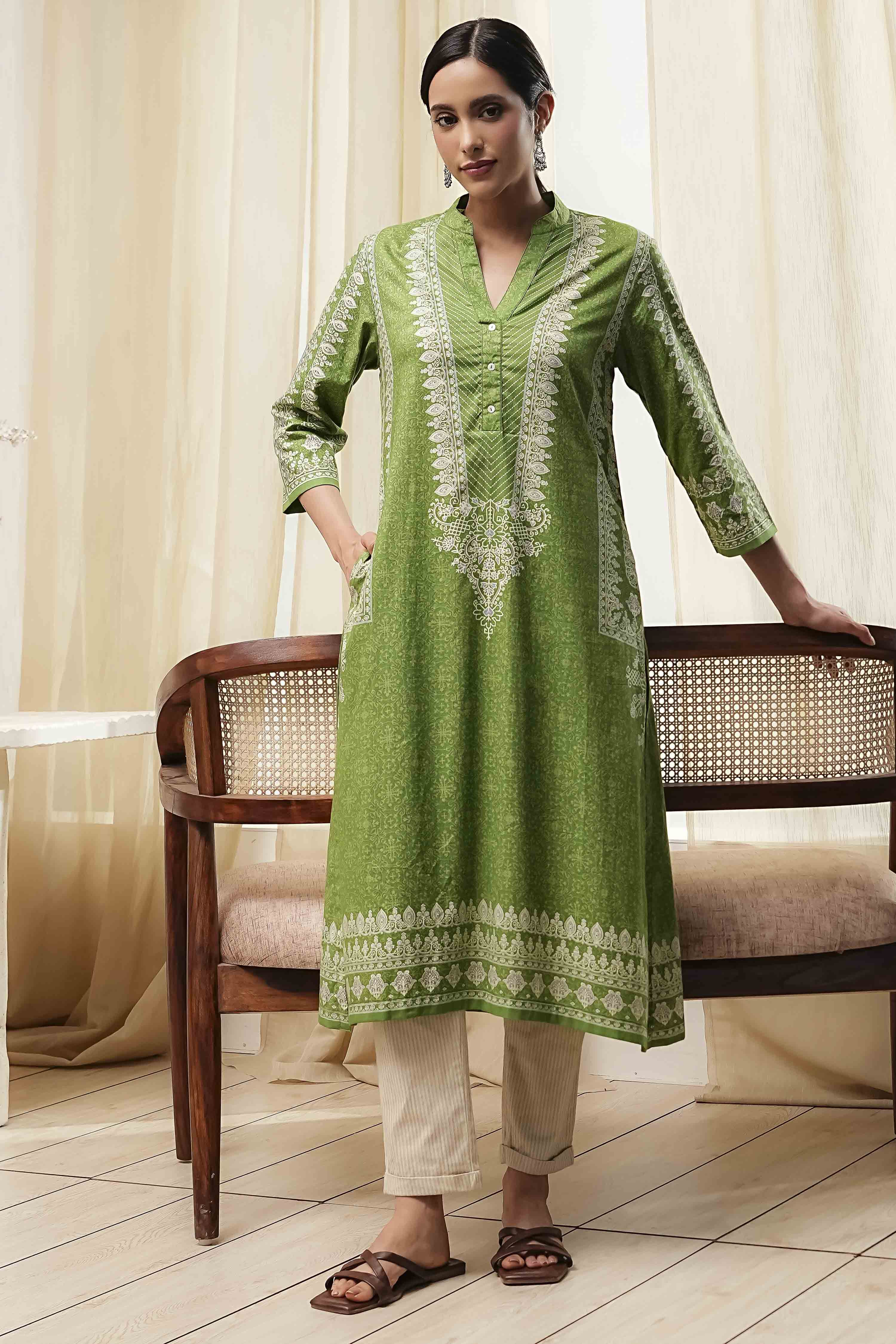 Green Cotton Printed Straight Kurta image number 0