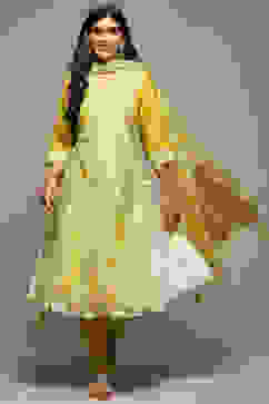 Lime Green Cotton Blend Layered Kurta Churidar Suit Set image number 0