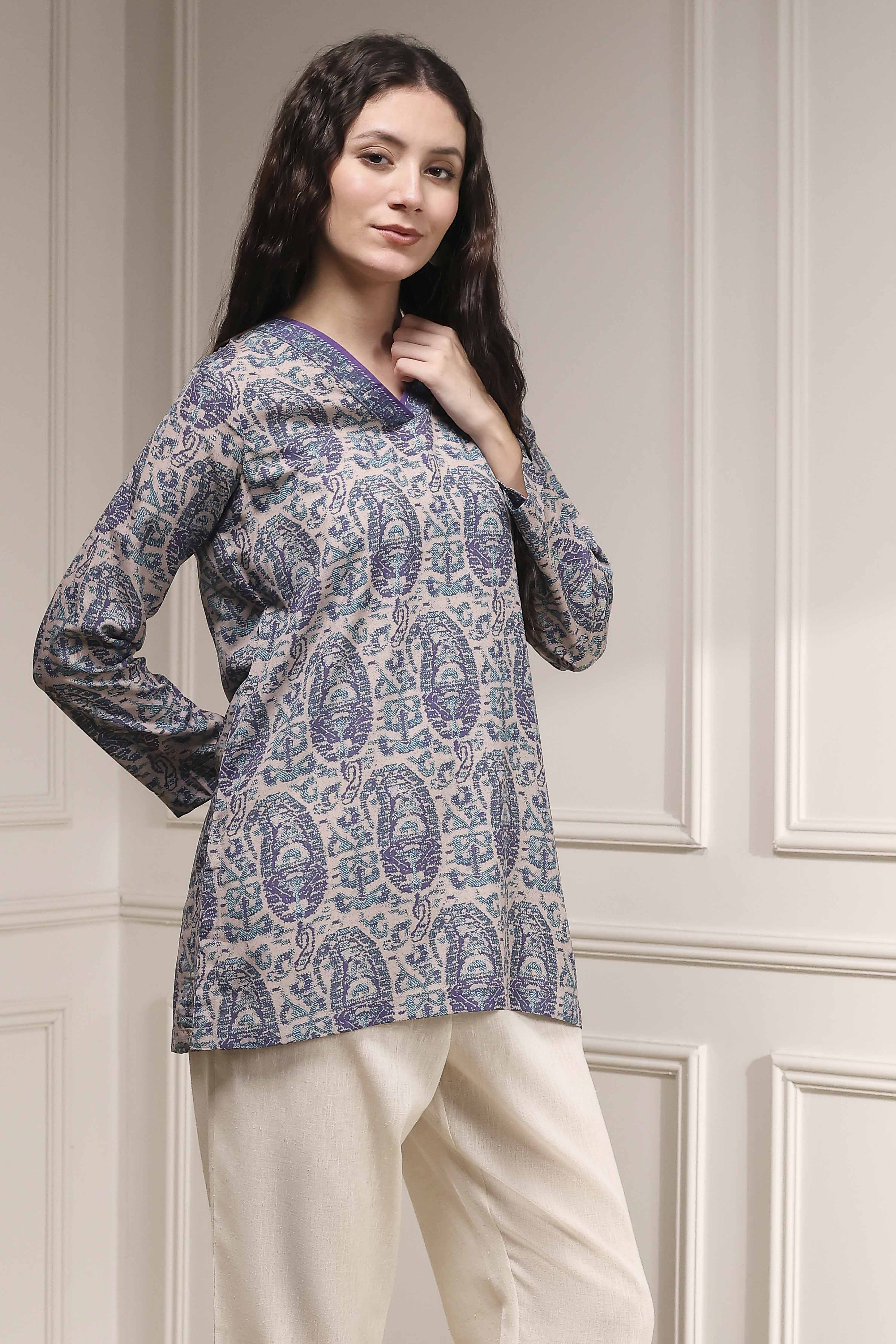 Off-White and Blue Printed Straight Short Kurta image number 4