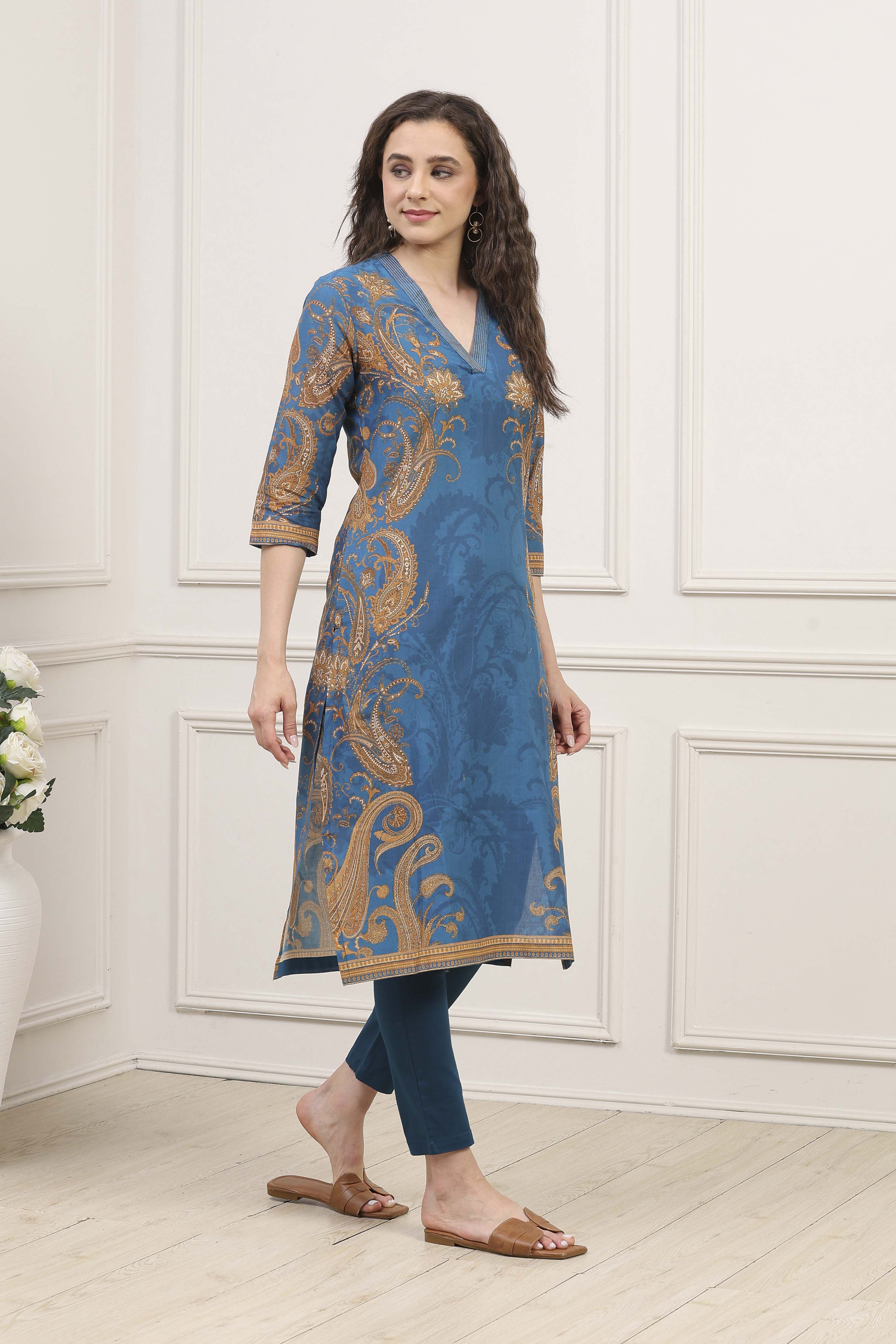 Blue Cotton A-Line Printed Kurta image number 4