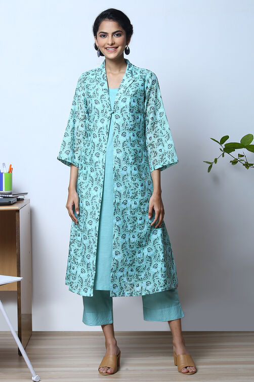 Mint Green Art Silk Straight Kurta Relaxed Pant Suit Set image number 0
