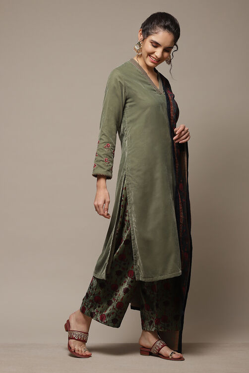 Dark Military Green Art Silk Straight Kurta Palazzo Suit Set image number 4