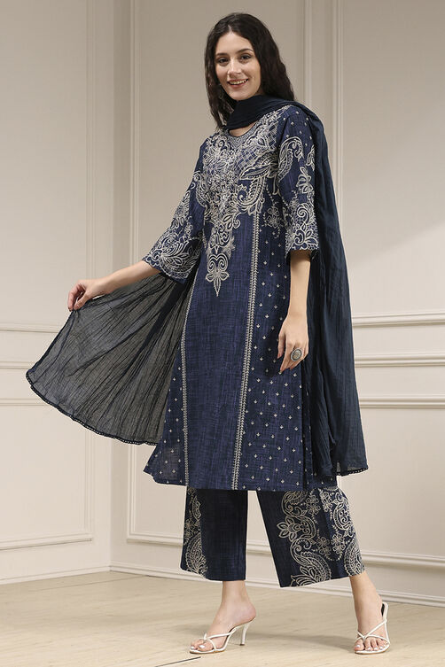 Blue Pure Cotton Printed Straight Suit Set image number 2