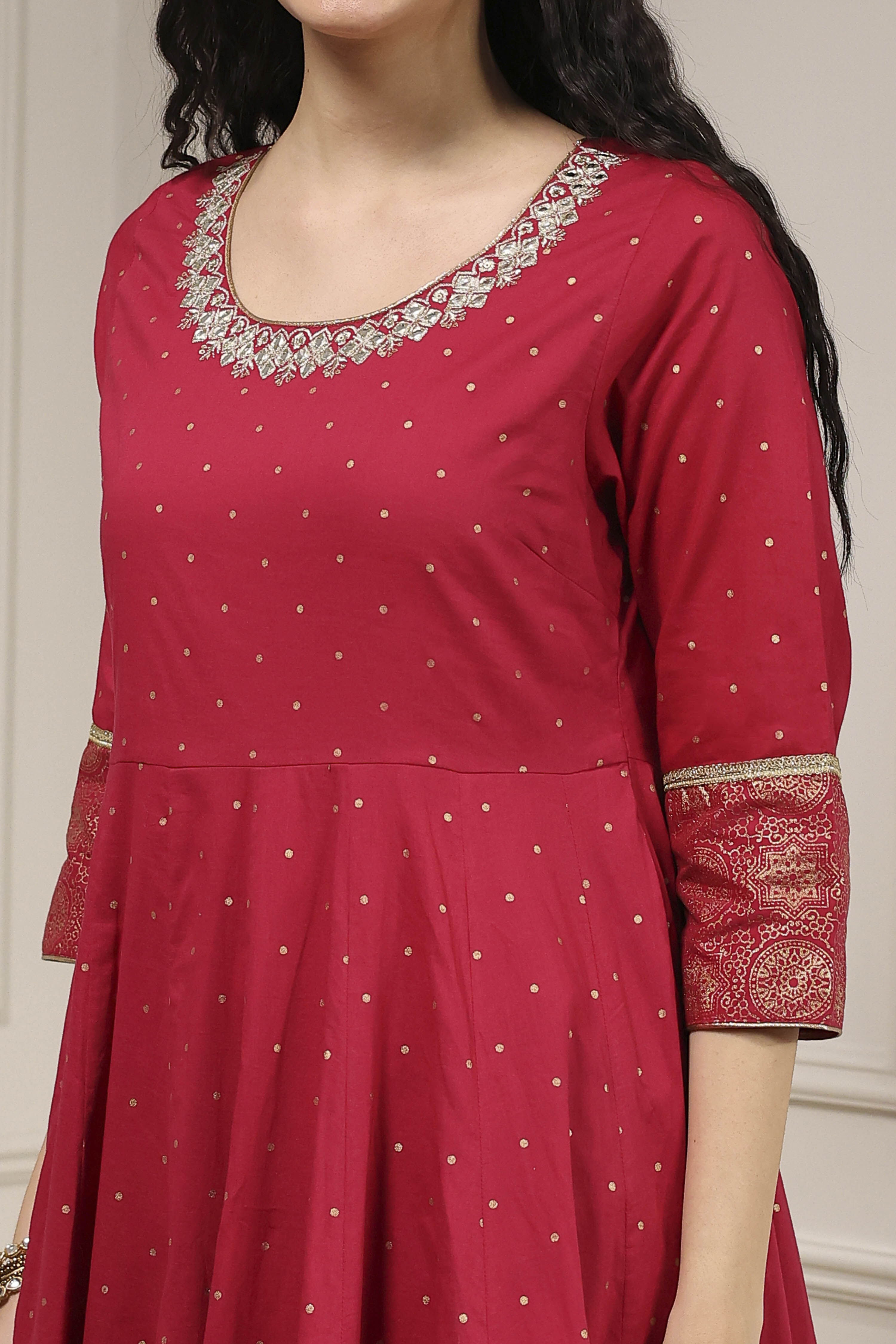 Cherry Red Cotton Printed Anarkali Suit Set image number 1