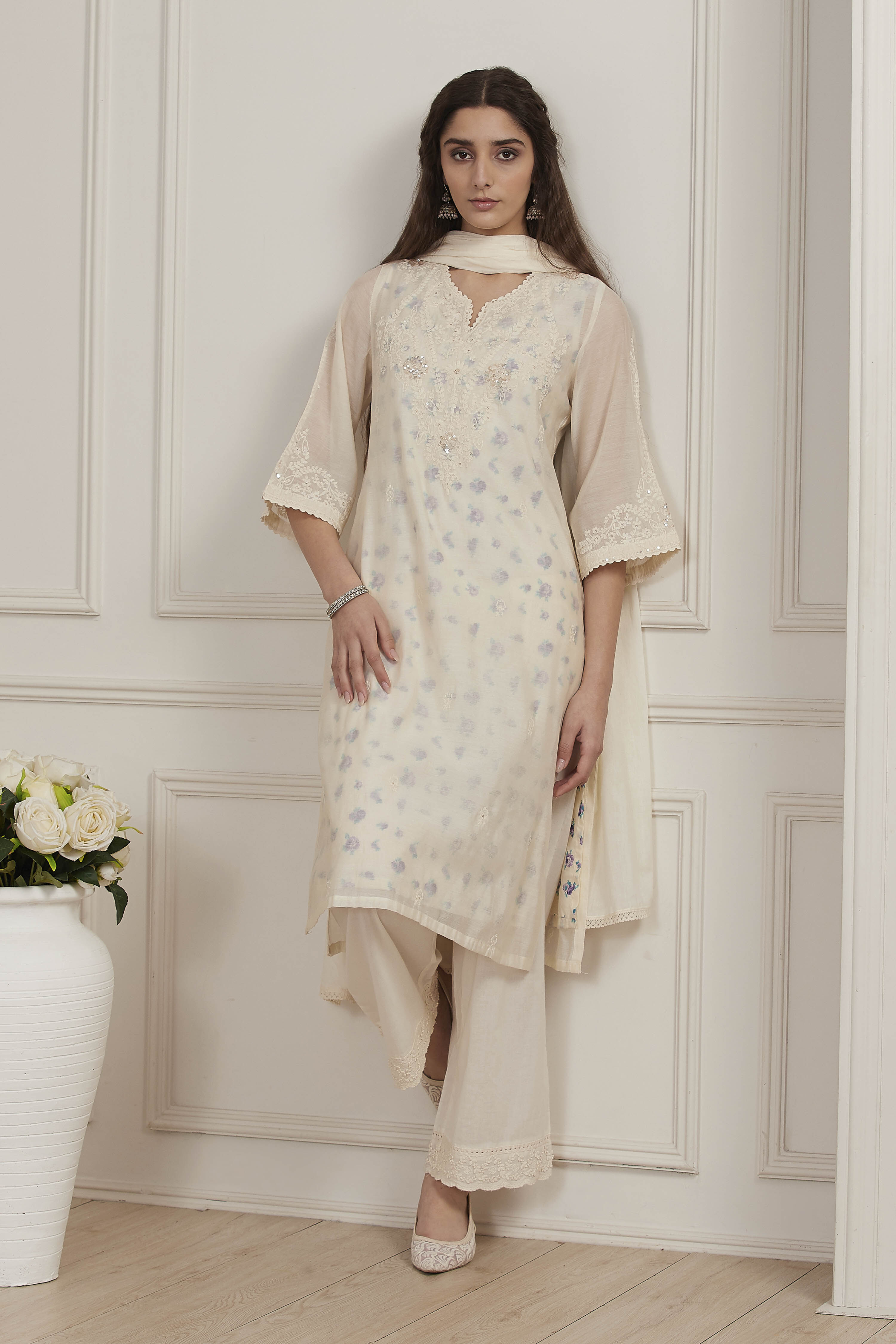 White Poly Chanderi Straight Suit Set image number 8