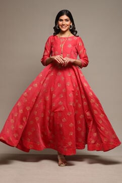 Pink Cotton Blend Flared Printed Dress image number 0