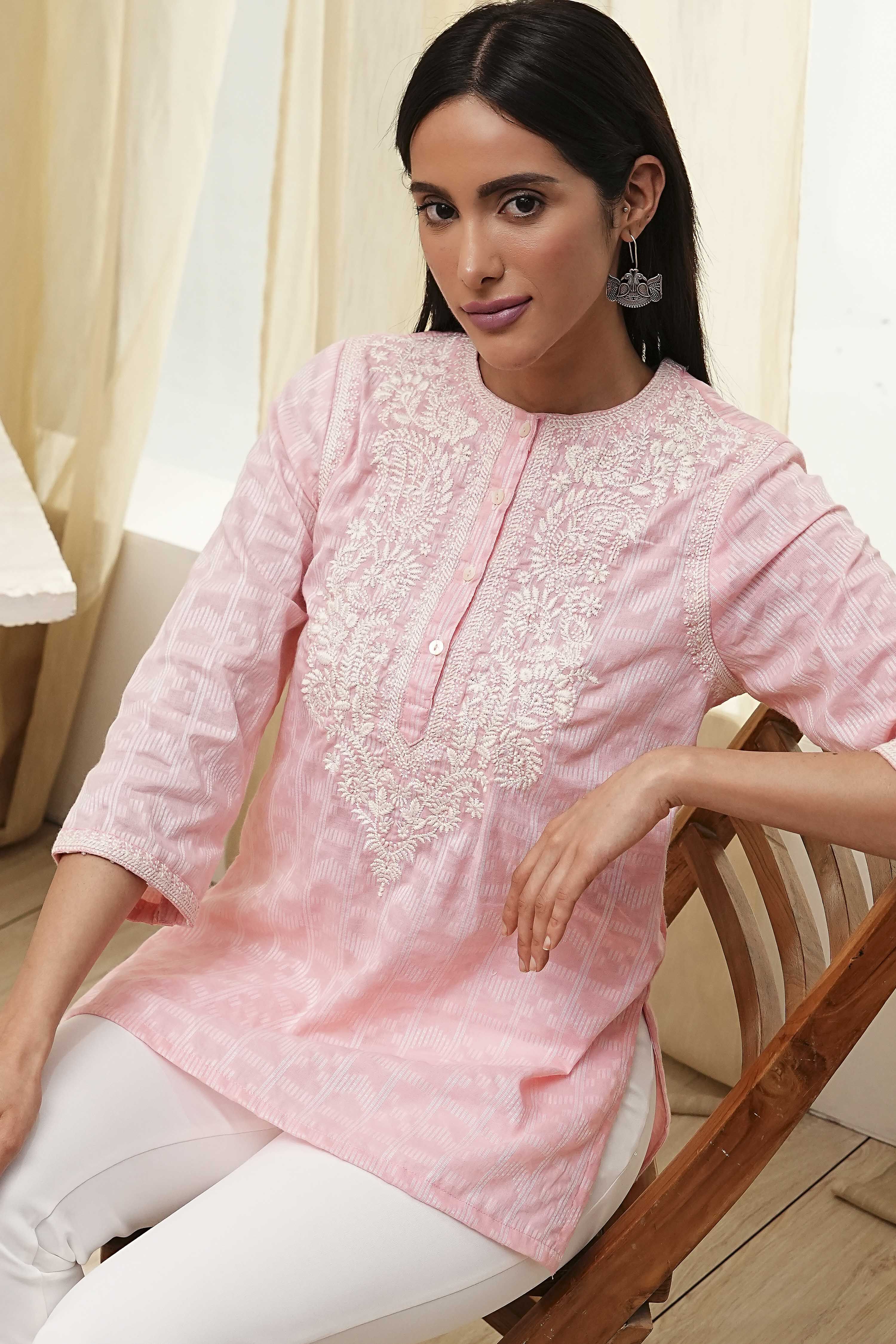 Pink Cotton Yarn Dyed Short Kurta image number 0