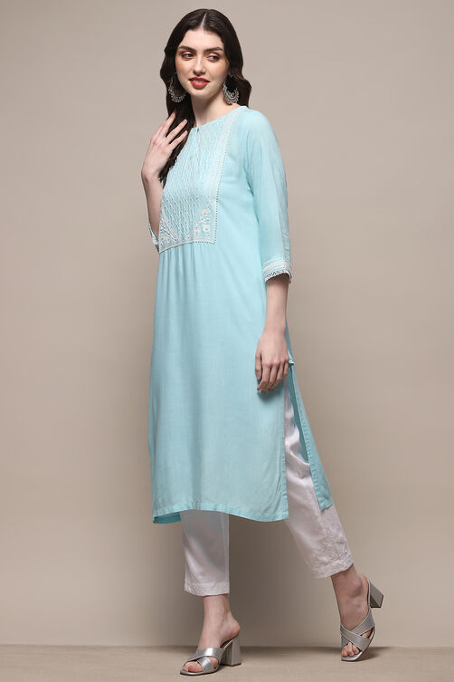 Aqua Blue Cotton Straight Kurta image number 2