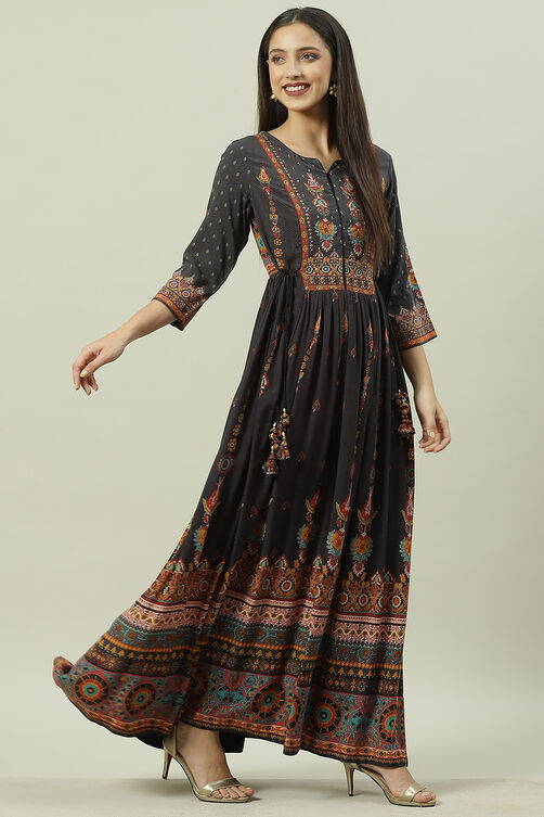 Black Rayon Flared Printed Dress image number 2