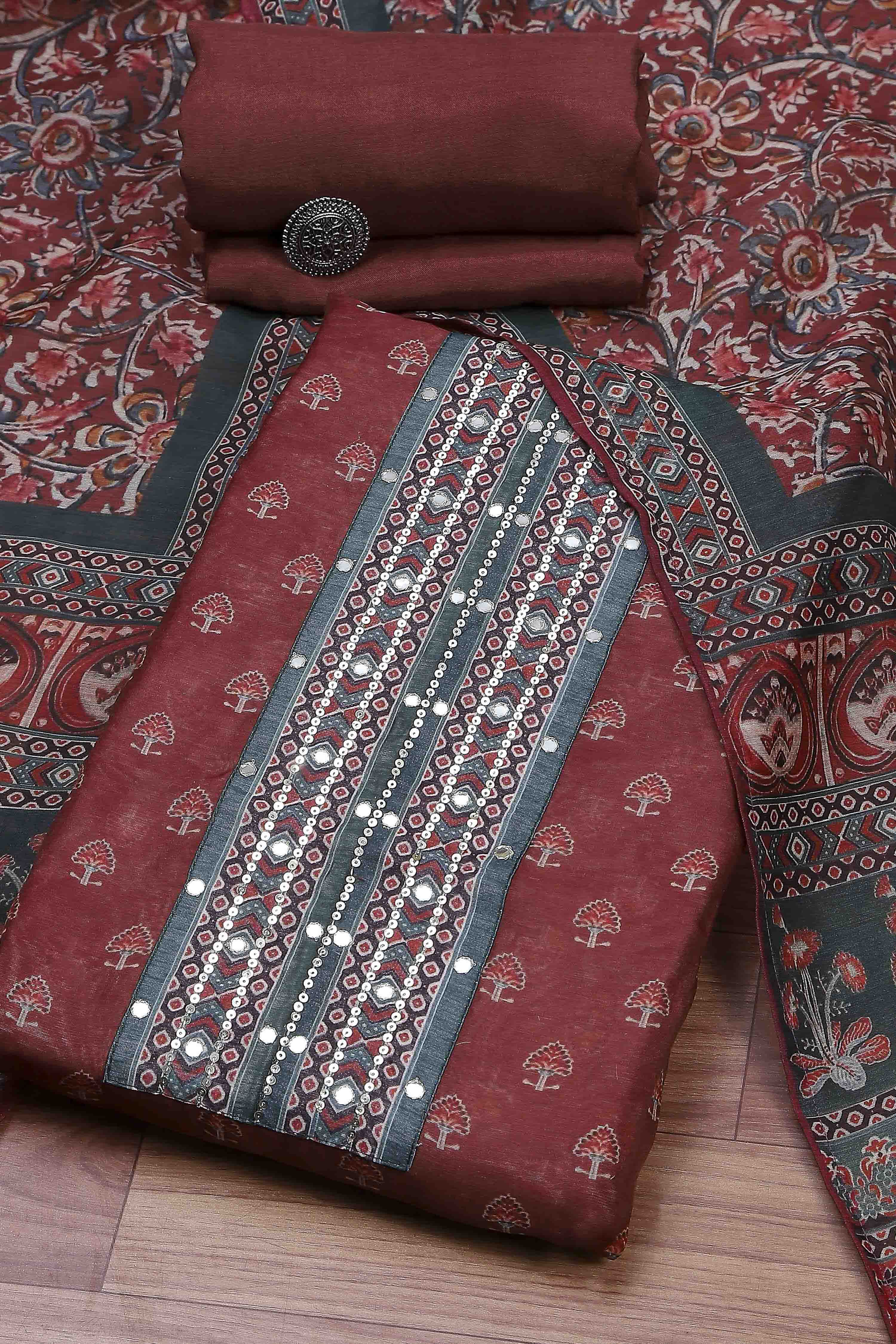 Old Rose Chanderi Rajasthani Print Unstitched Suit Set image number 0