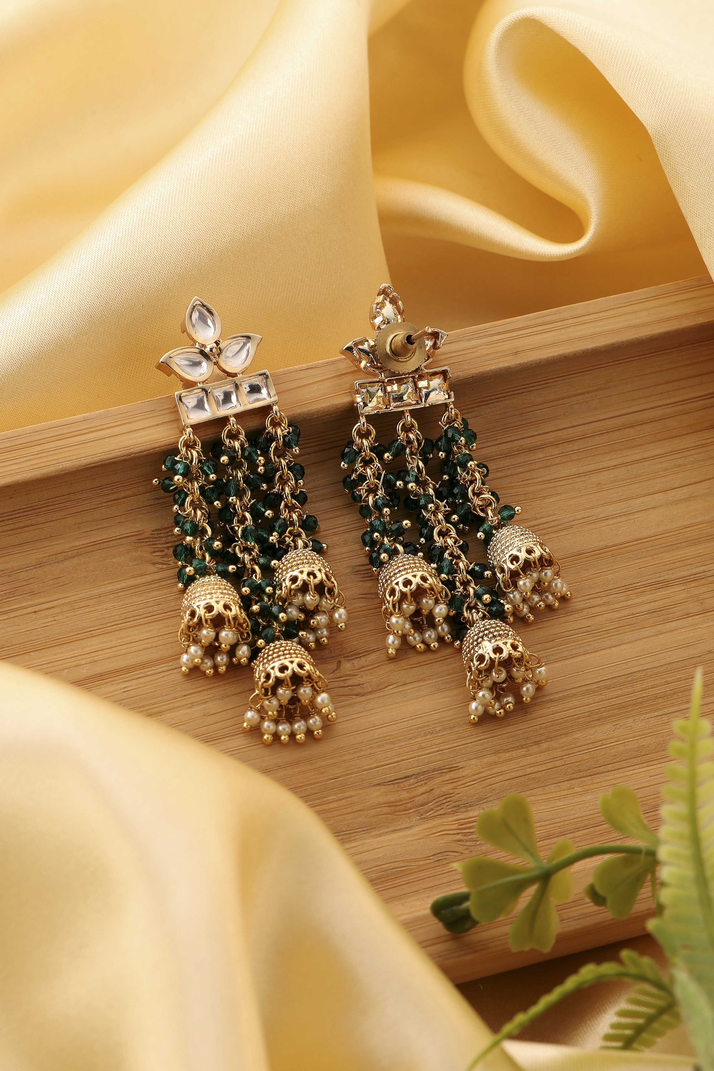 Green Brass Gold-Plated Drop and Dangler Earrings image number 2