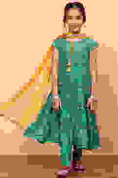 Green Cotton Printed Tiered Festive Flared Suit Set image number 0
