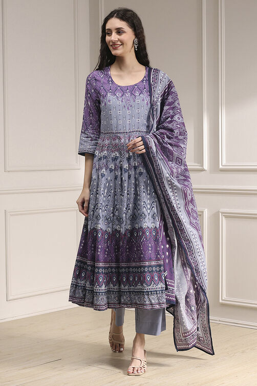 Lilac Cotton Printed Anarkali Suit Set image number 6