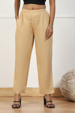 Beige Solid Mid-Rise Regular Pants image number 4