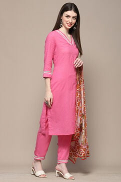 Pink Cotton Straight Suit Set image number 6