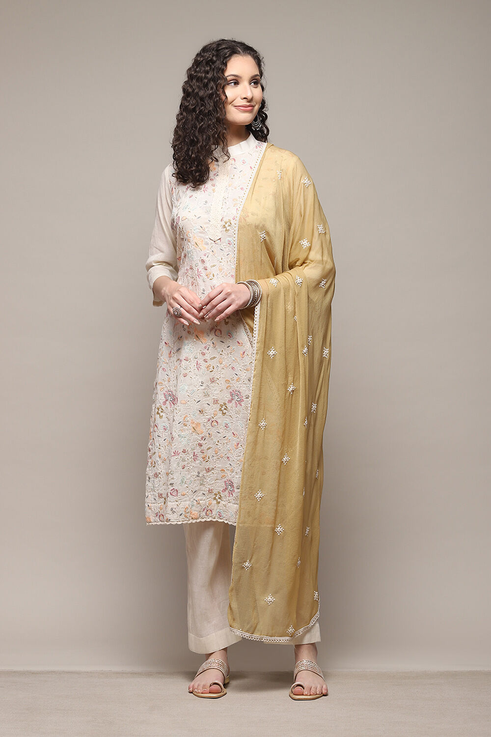 Off White Cotton Hand Embroidered Unstitched Suit Set image number 8