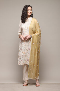 Off White Cotton Hand Embroidered Unstitched Suit Set image number 8