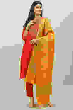 Terracotta Poly Cotton Straight Kurta Slim Pant Suit Set image number 7