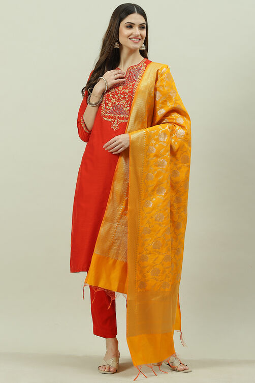 Terracotta Poly Cotton Straight Kurta Slim Pant Suit Set image number 7