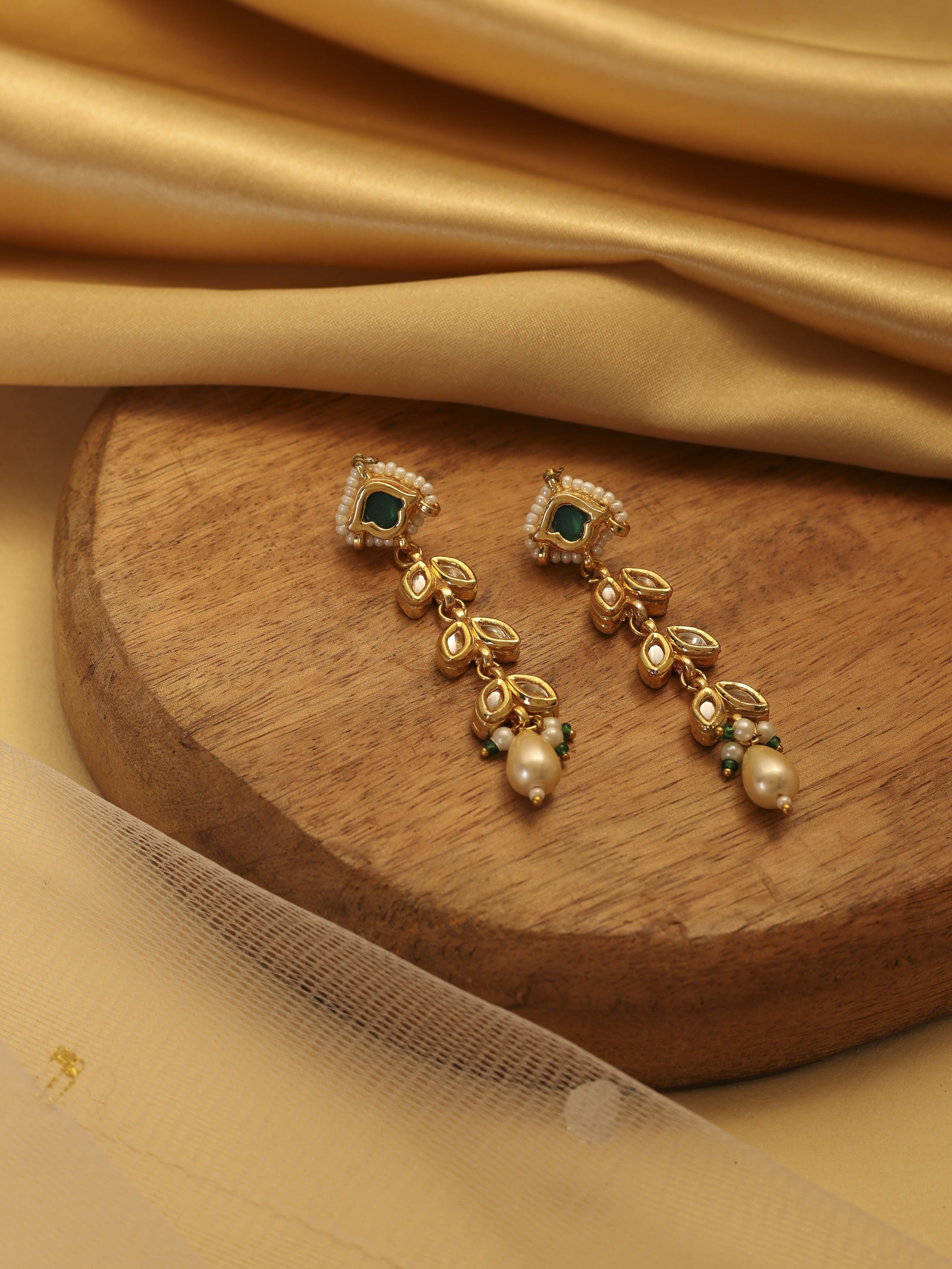 Green Gold Plated Brass Drop Studded Earrings image number 0