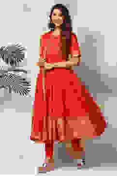 Red Cotton Solid Anarkali Suit Set image number 4