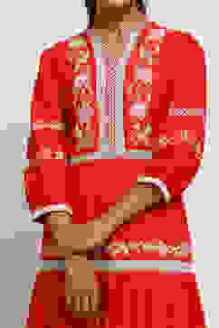 Cherry Red Pure Cotton Embroidered Tiered Dress image number 1