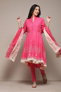 Pink Cotton Anarkali Solid Kurta Churidar Suit Set image number 0