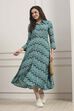 Turquoise Chevron Block Printed Shirt-Style Flared Dress