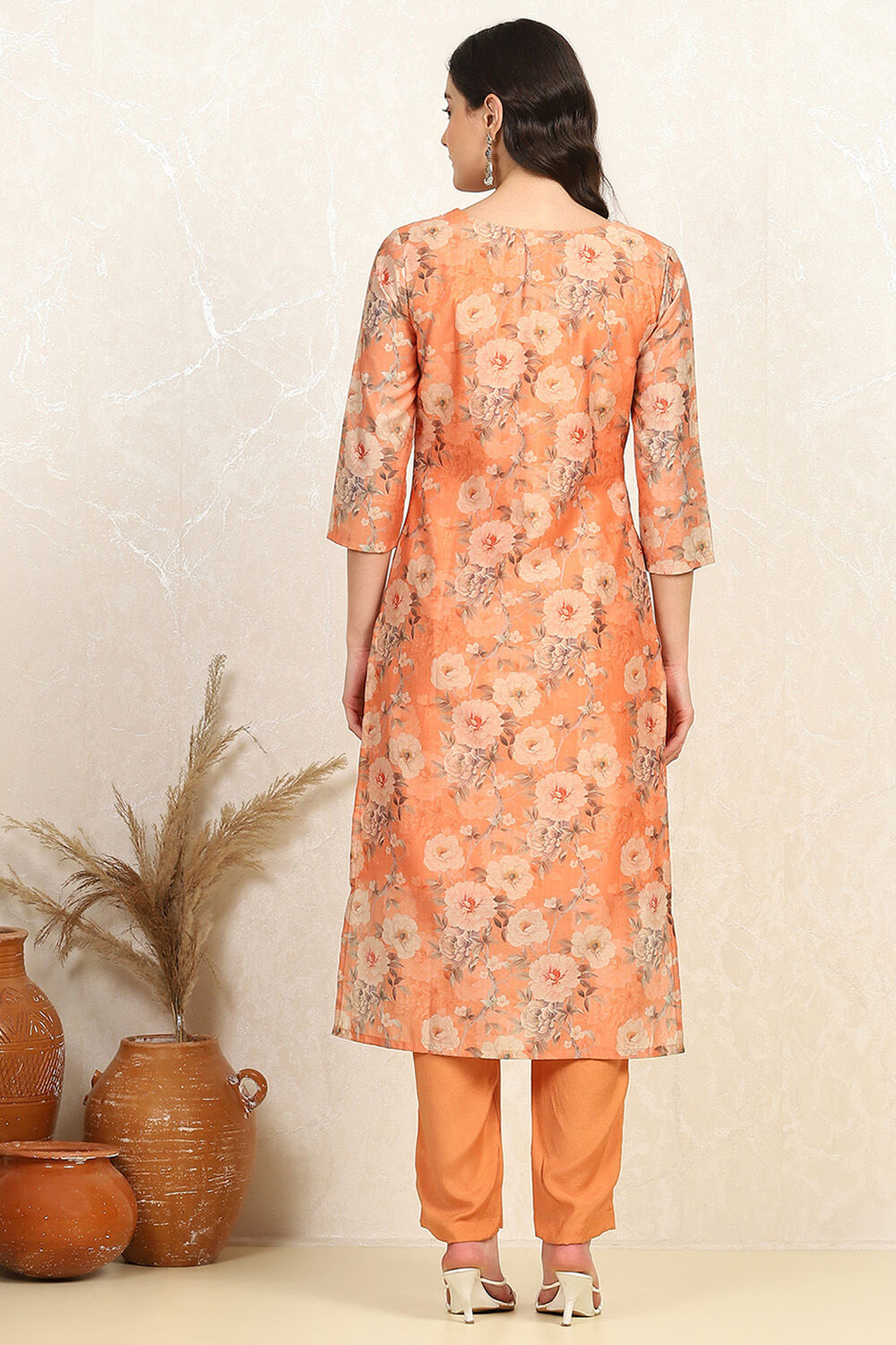 Orange Muslin Unstitched Suit Set image number 5