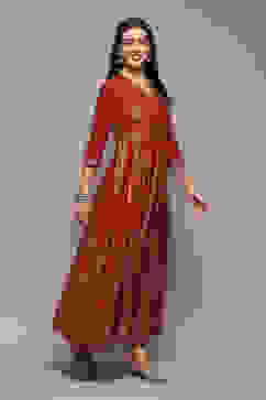 Red Cotton Flared Printed Dress image number 5