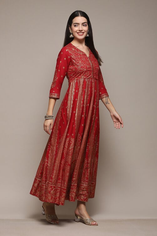 Red Cotton Flared Printed Dress image number 5