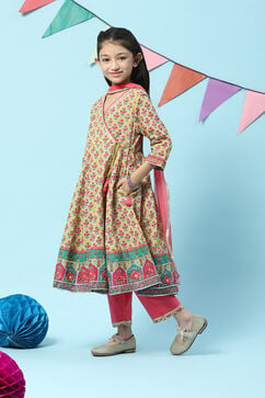Lime Green & Pink Cotton Front Open Printed Kurta Palazzo Suit Set image number 5