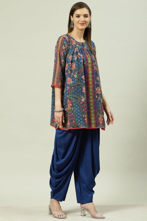Blue & Navy Blue Printed Gathered Suit Set image number 5