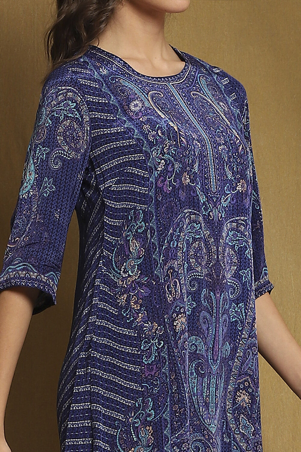 Blue Crepe Printed Asymmetric Kurta Set image number 1