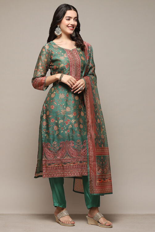 Green Chanderi Unstitched Suit Set image number 7