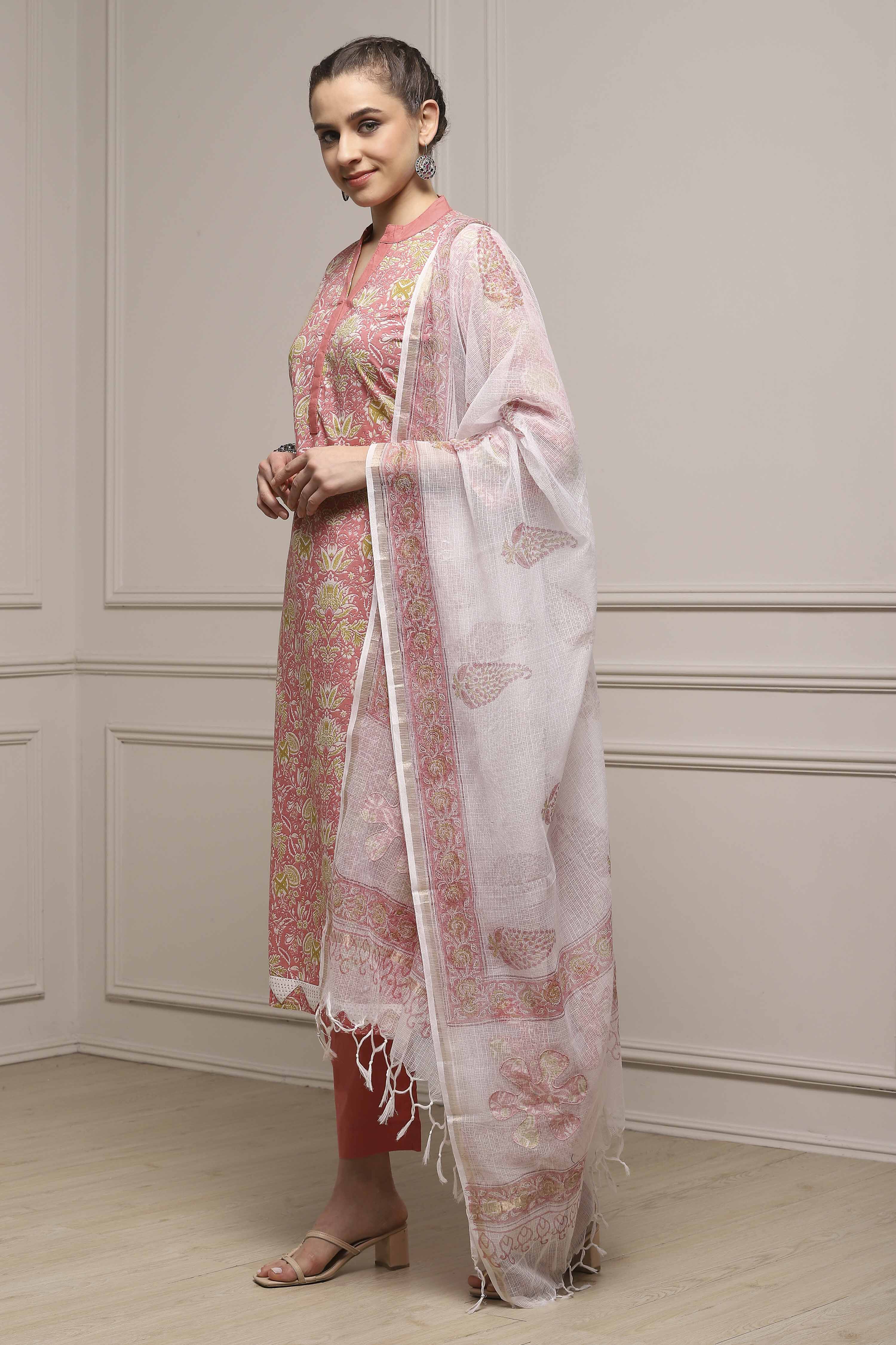 Pink Cotton Hand Block Print Unstitched Suit Set image number 4