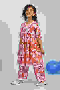 Red Cotton Floral Gathered Kurta Set image number 0