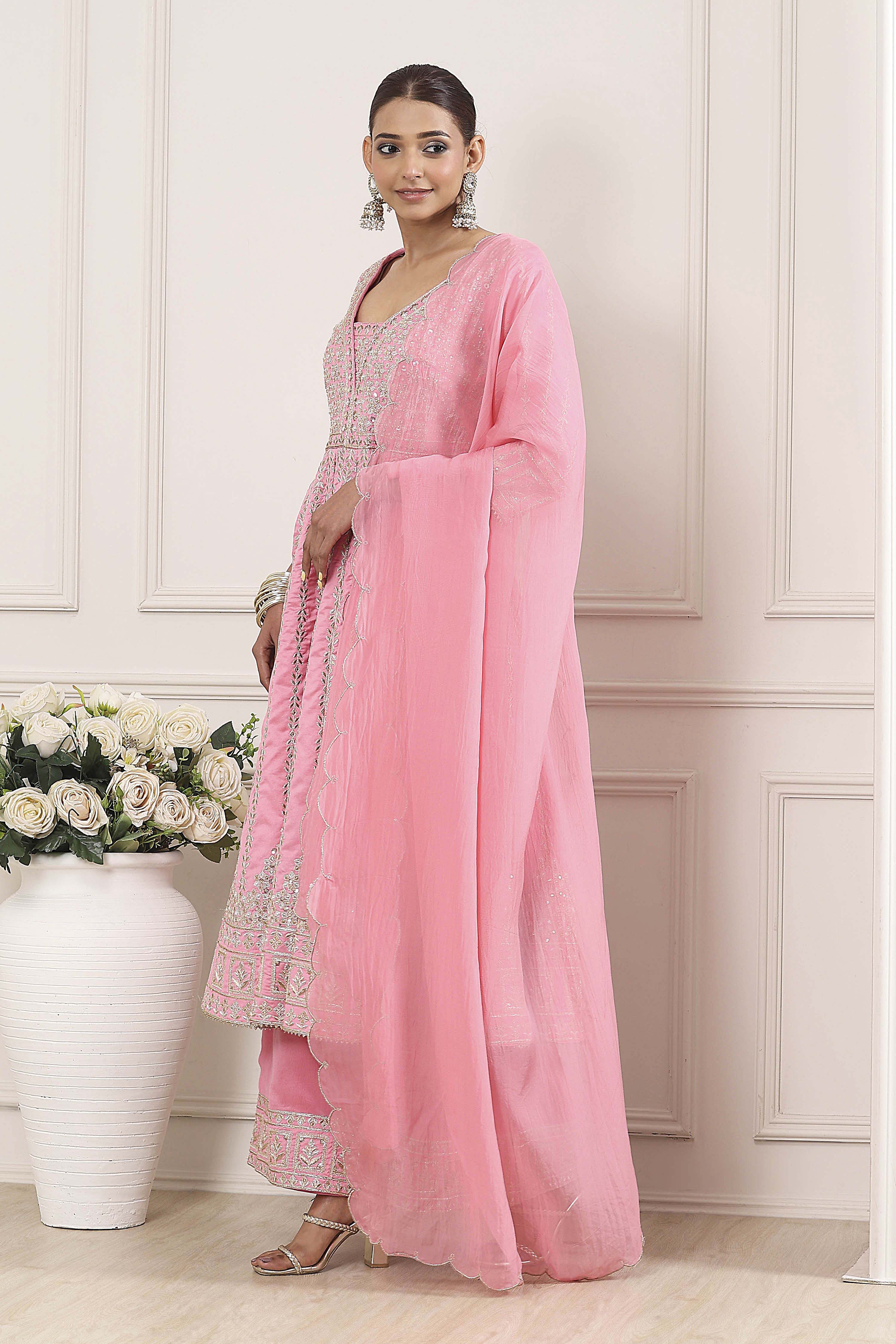 Rose Pink Cotton Silk Embroidered Anarkali Suit Set image number 3