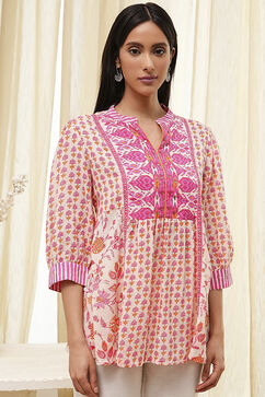 Pink Cotton Printed A-line Short Kurta image number 1