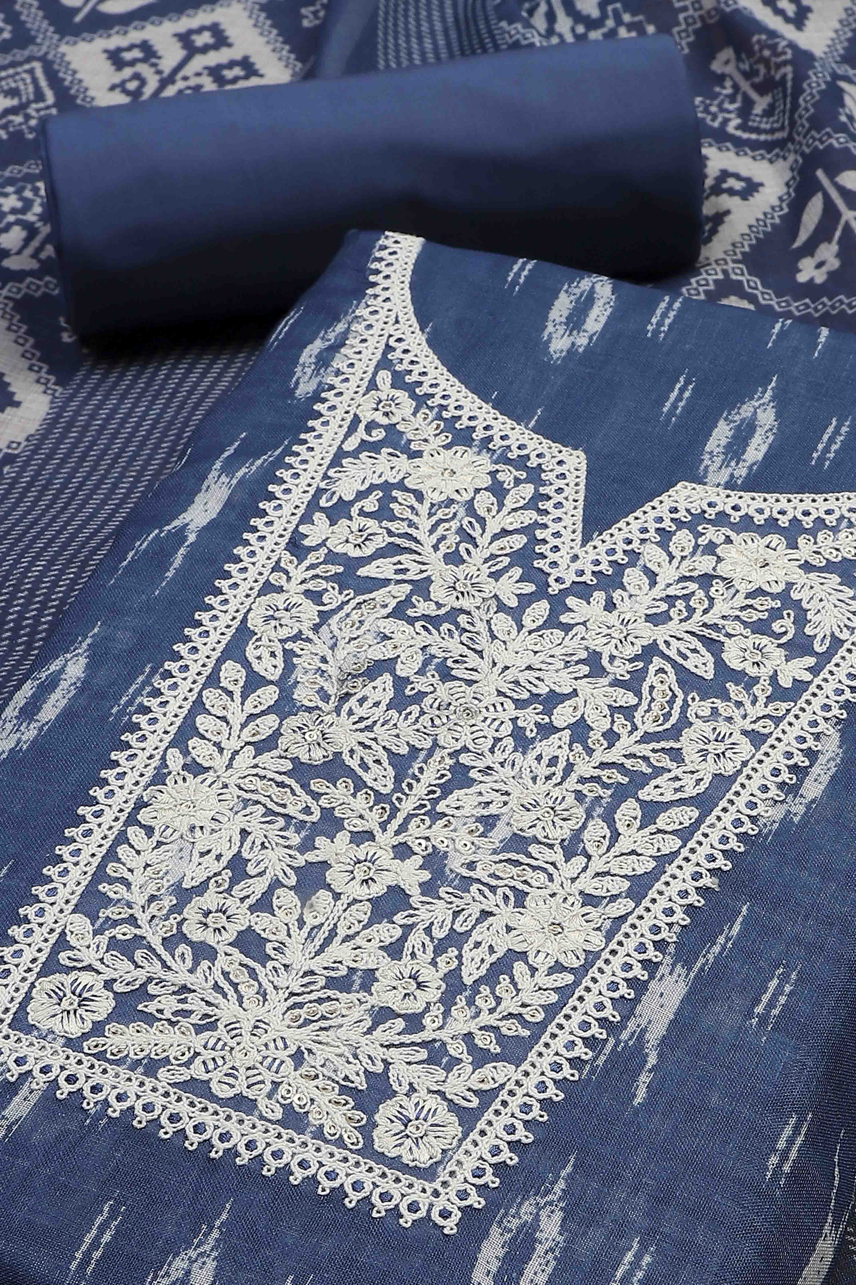 Blue Linen Royal-Ikkat  Buti Print Unstitched Suit Set image number 1