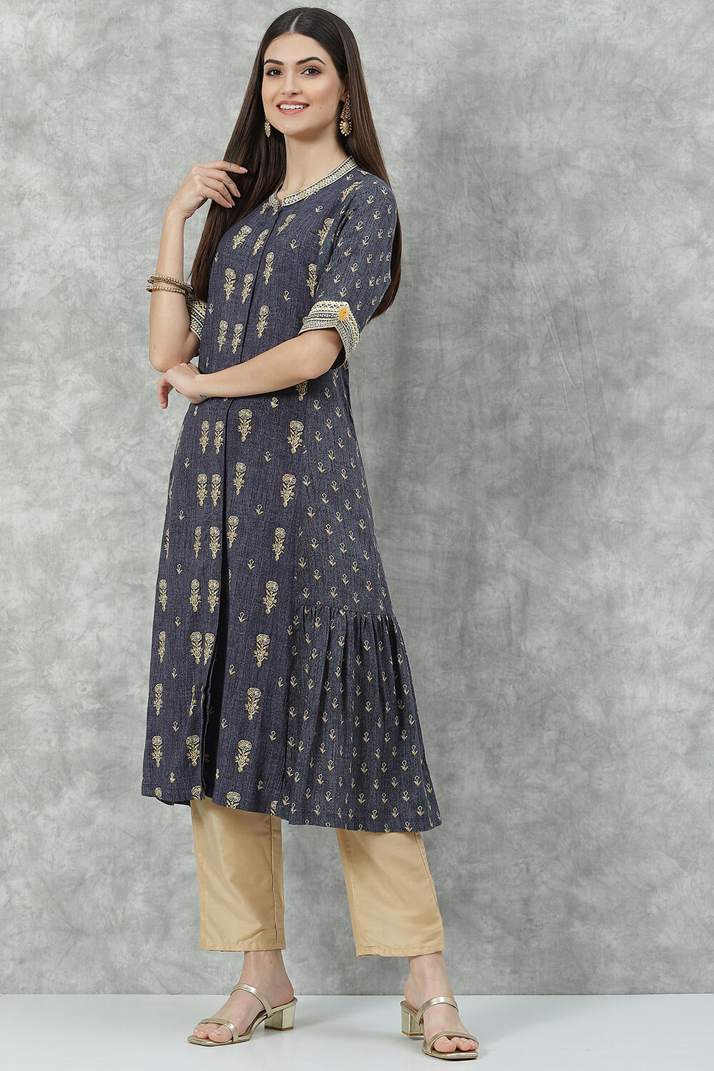 Denim Blue Rayon A-Line Printed Kurta image number 2
