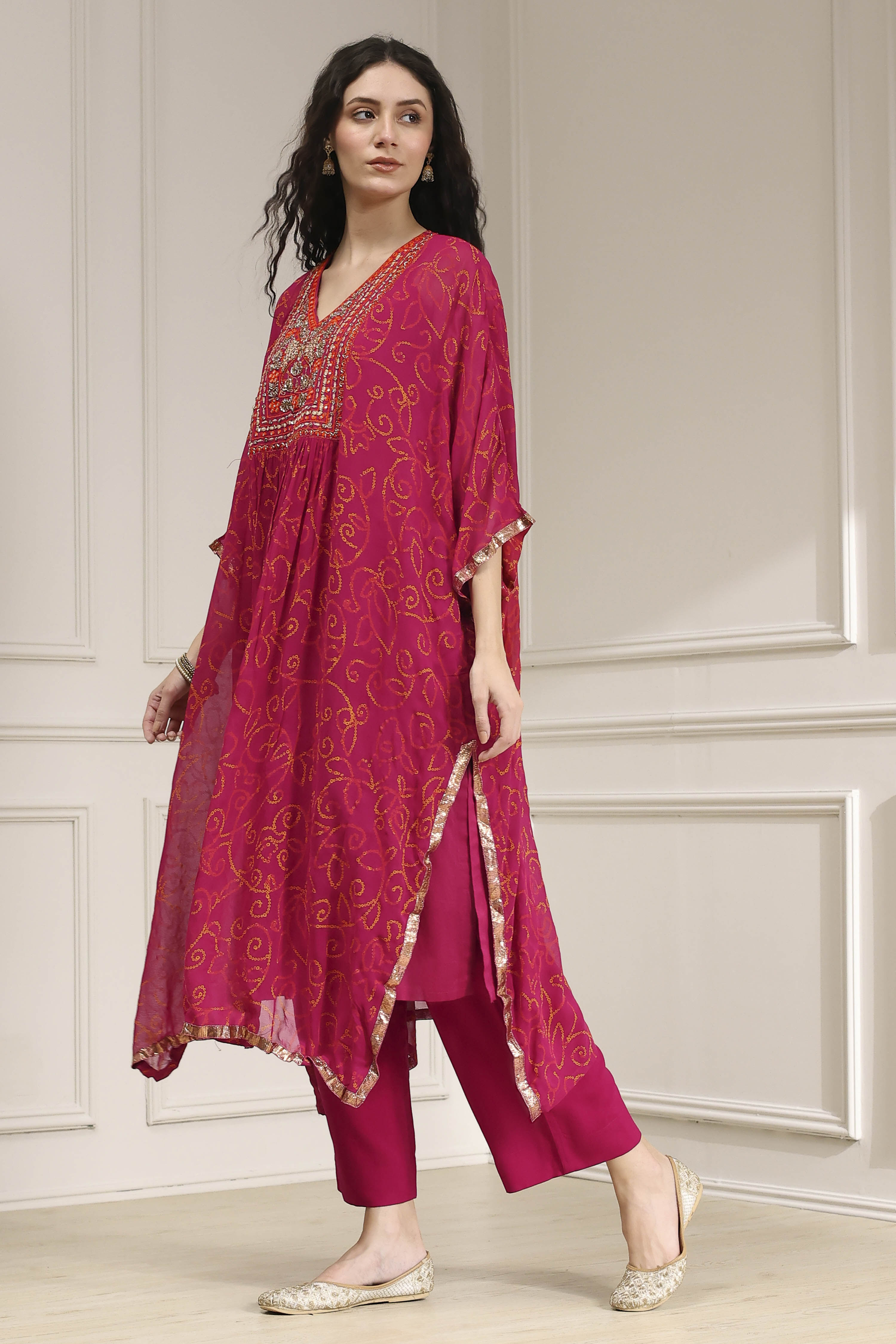 Red Printed Kaftan Style Kurta Set image number 3