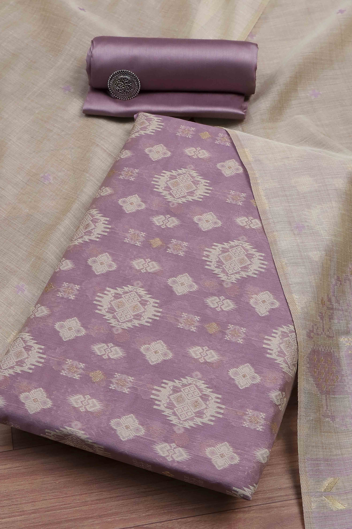 Purple Cotton Printed Embroidered Unstitched Suit Set