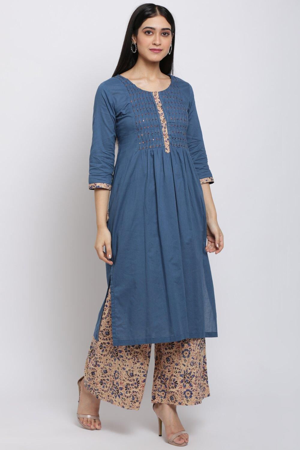 Blue Relaxed Kurta Palazzo Suit Set image number 3