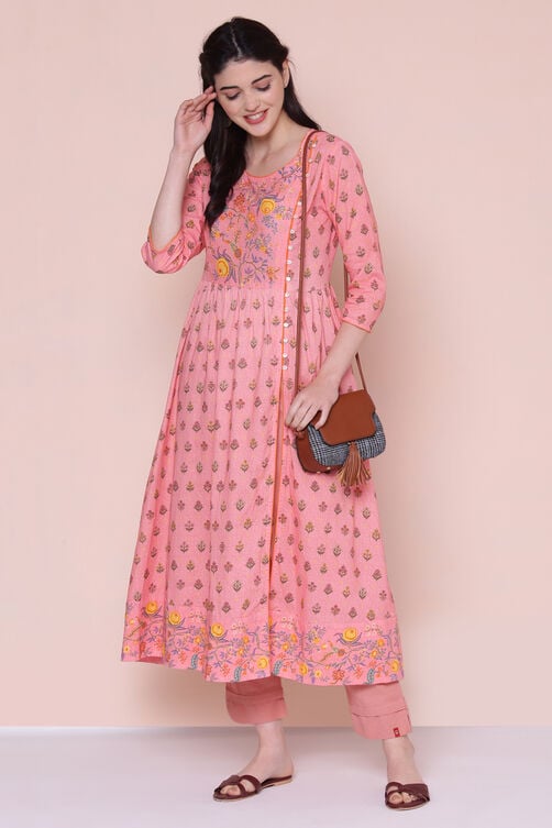 Pink Cotton High Slit Printed Kurta image number 0
