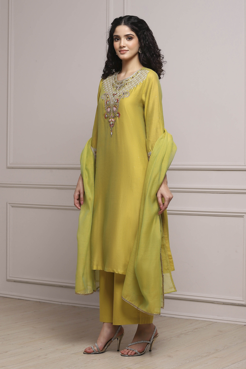 Lime Green Chanderi Straight Dyed Suit Set image number 3